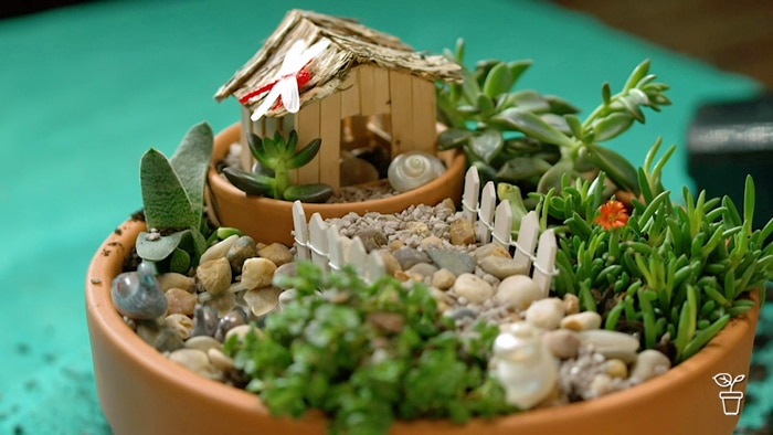 Miniature garden and hut made from ice cream sticks, made in a terracotta pot.