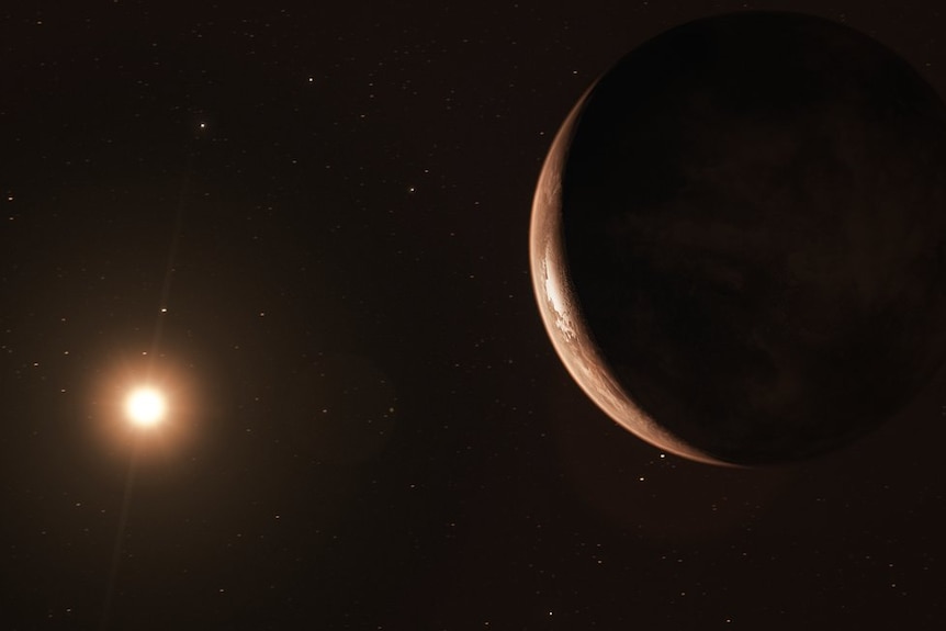 Artist's impression of a red dwarf star and super-Earth