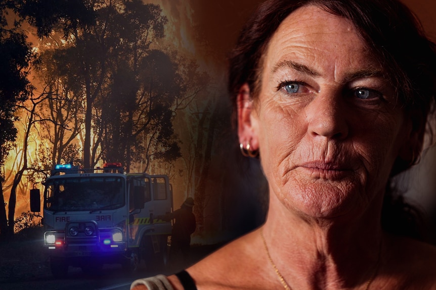 A close up of a woman looking upset next to a picture of a firefighter and fire engine next to a big bushfire.