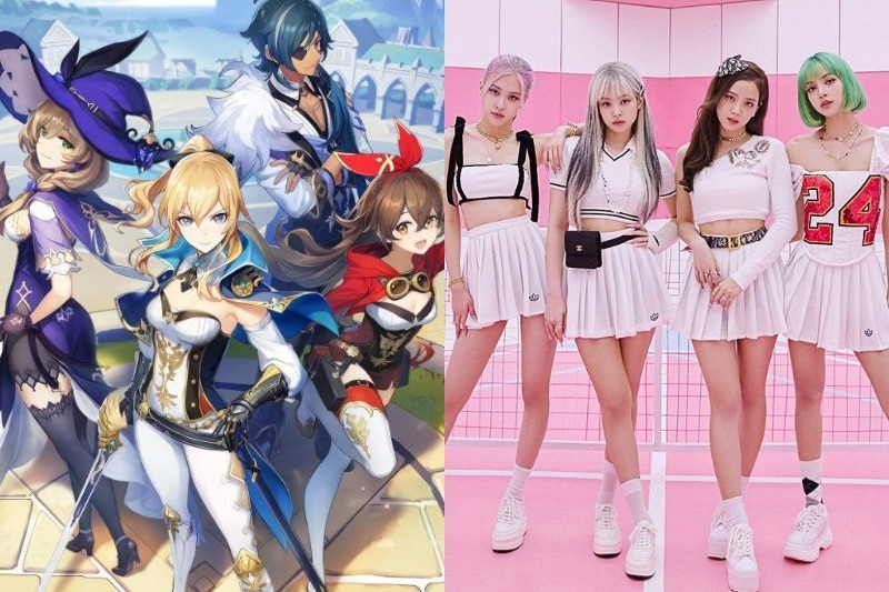 A split screen shows a group of Anime characters next to the bank Black Pink.