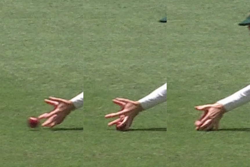 A composite image of three frames of a ball going into the hands of Peter Handscomb close to the ground.