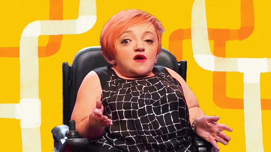 Stella Young in middle of yellow illustration