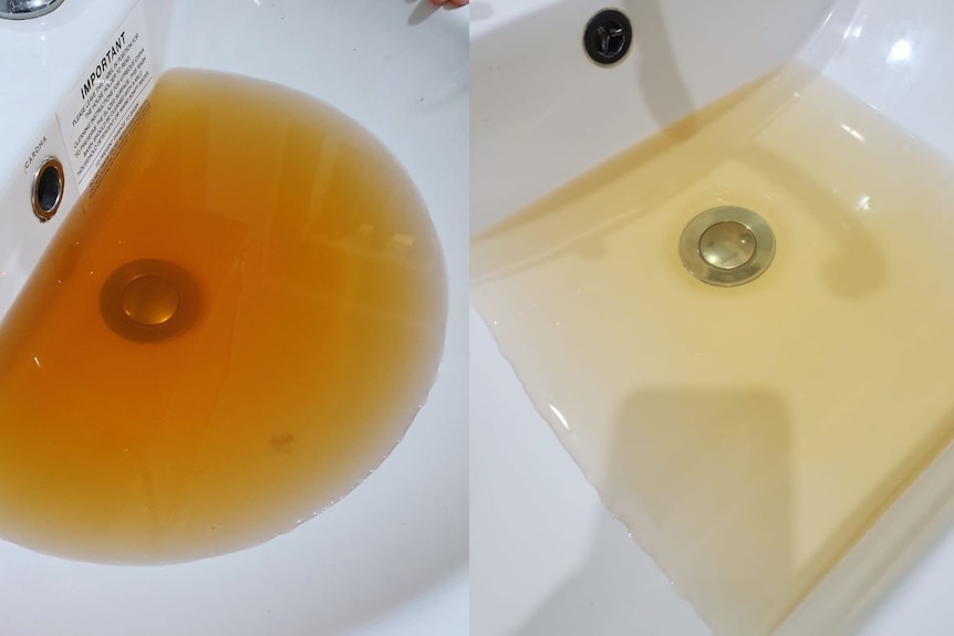 Side by side images show yellow-brown water in a white kitchen sink