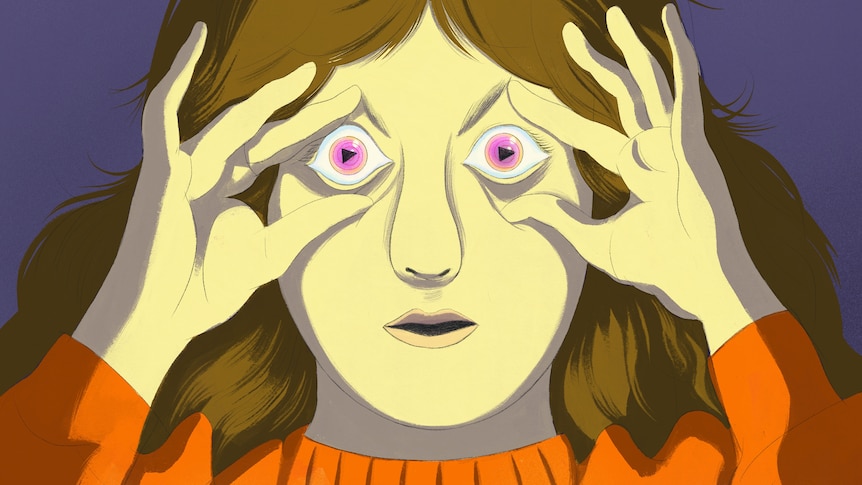 An illustration of a woman whose holding her eyes open, her irises are play buttons and she's bathed in the light of a screen