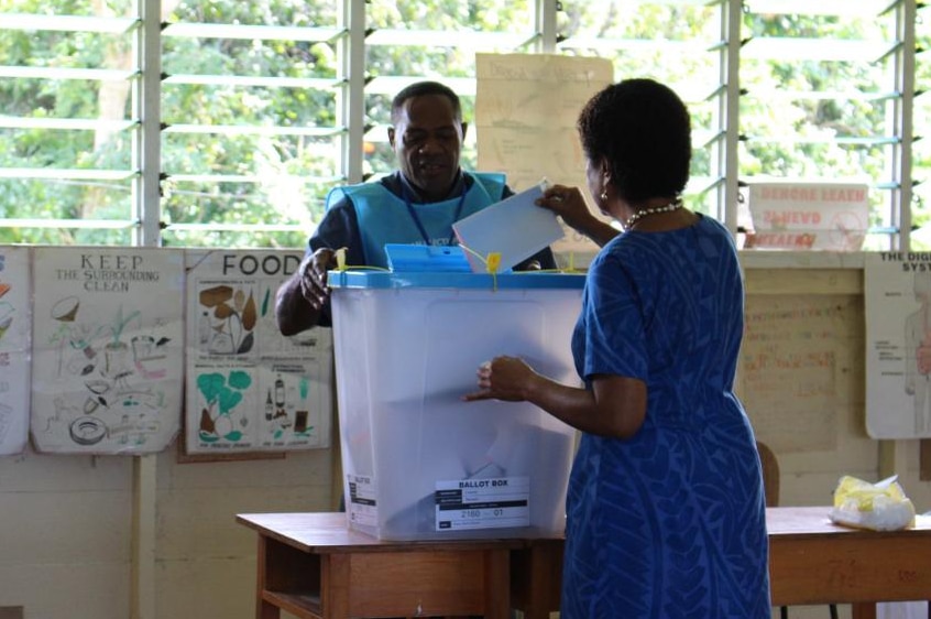 Leader of the SODELPA party, high chief Ro Teimumu Kepa, casts her vote outside Suva