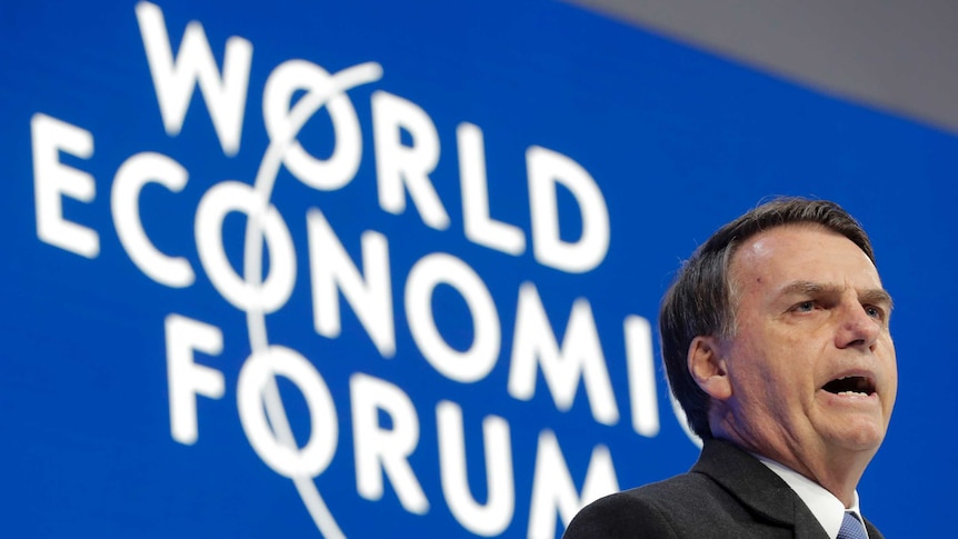 Jair Bolsonaro, President of Brazil addresses the annual meeting of the World Economic Forum in Davos in Switzerland.