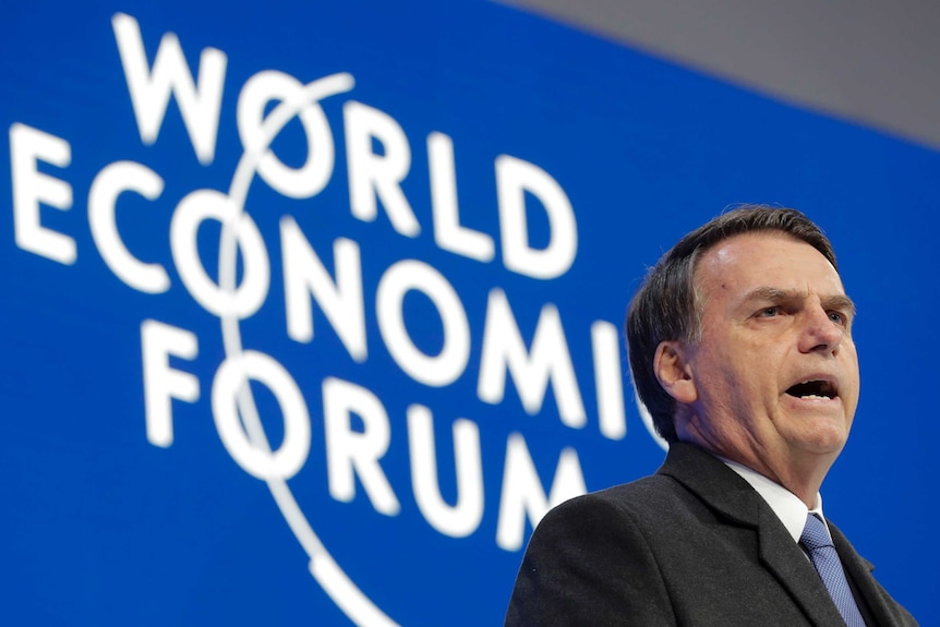 Jair Bolsonaro, President of Brazil addresses the annual meeting of the World Economic Forum in Davos in Switzerland.