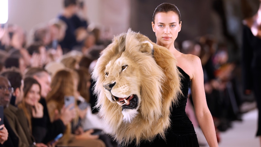 A fashion model walks on a fashion runway with a large, fake lion's head fastened to the front of an asymmetrical black dress.
