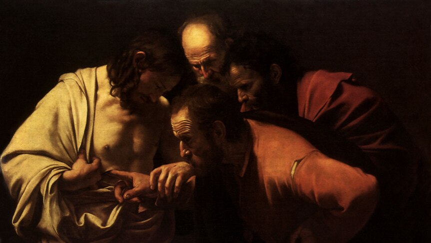 A man in white robes is surrounded by three men in red robes. One man sticks his finger into a wound in the white-robed man
