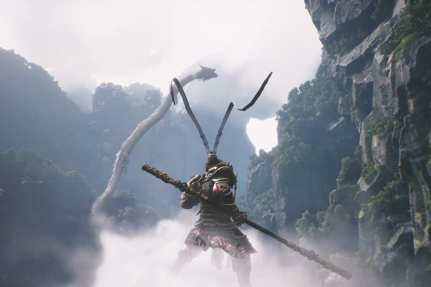 A video game character armed with a bo staff stands on a cloud preparing to fight a white dragon.