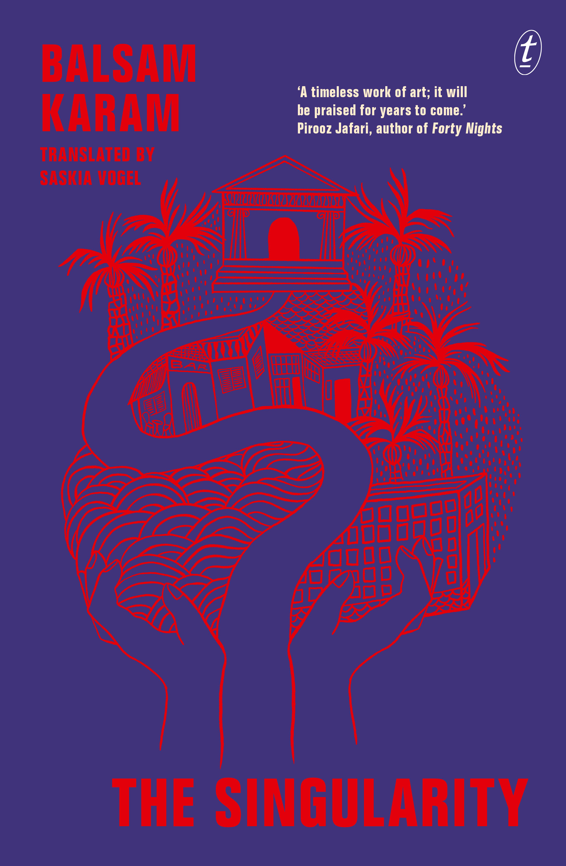 A book cover with a red text and an illustration of a path leading to a hut surrounded by palms against a deep blue background