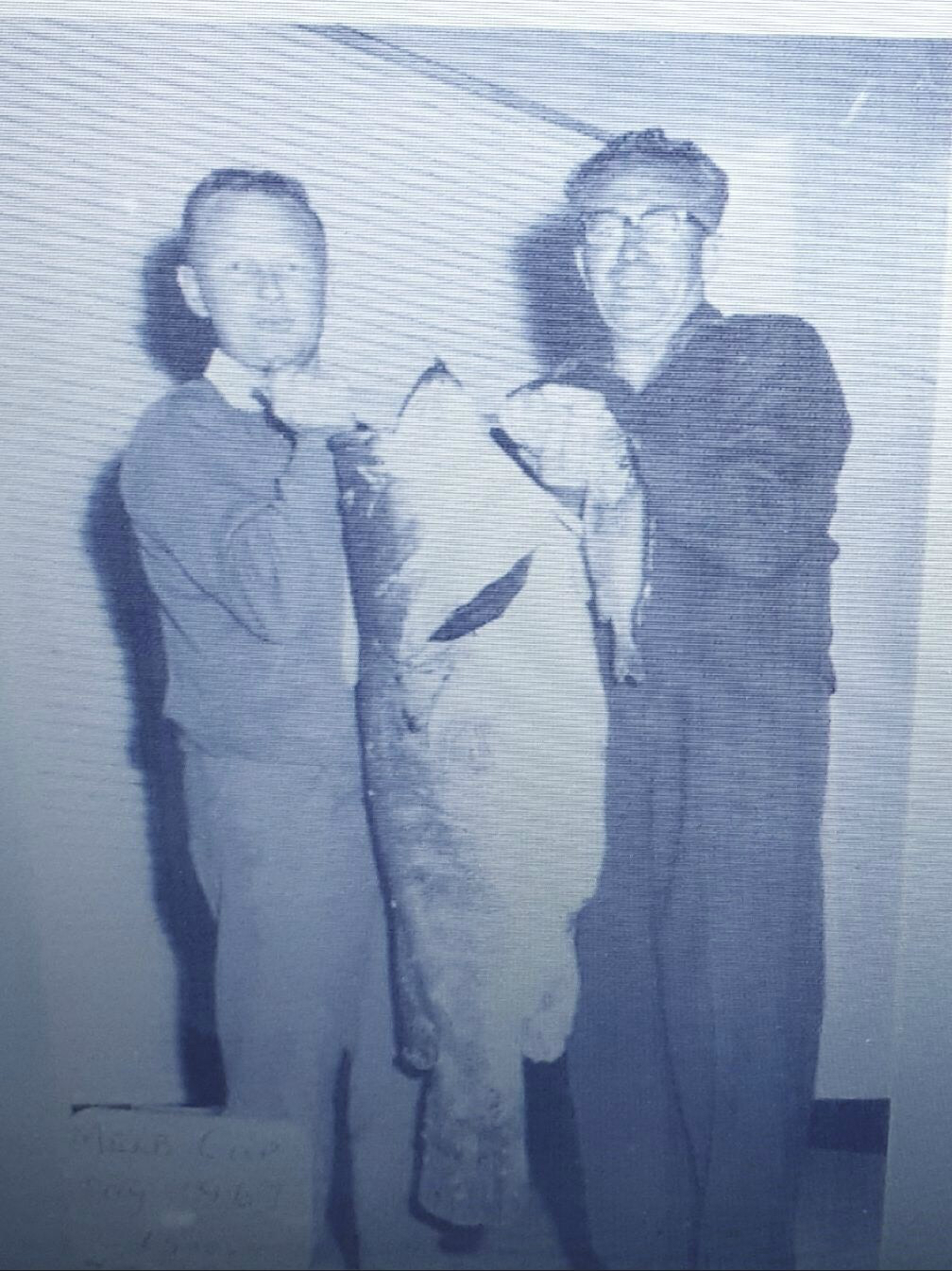 Two men hold a big fish for the camera.