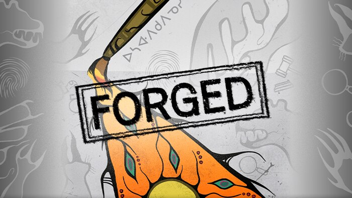 FORGED. A stylised paintbrush drags bright orange through a pale, grey-hued Indigenous artwork