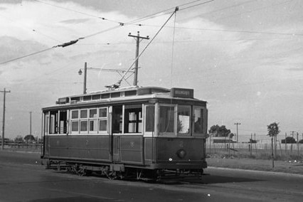An old black and white photo of the tram