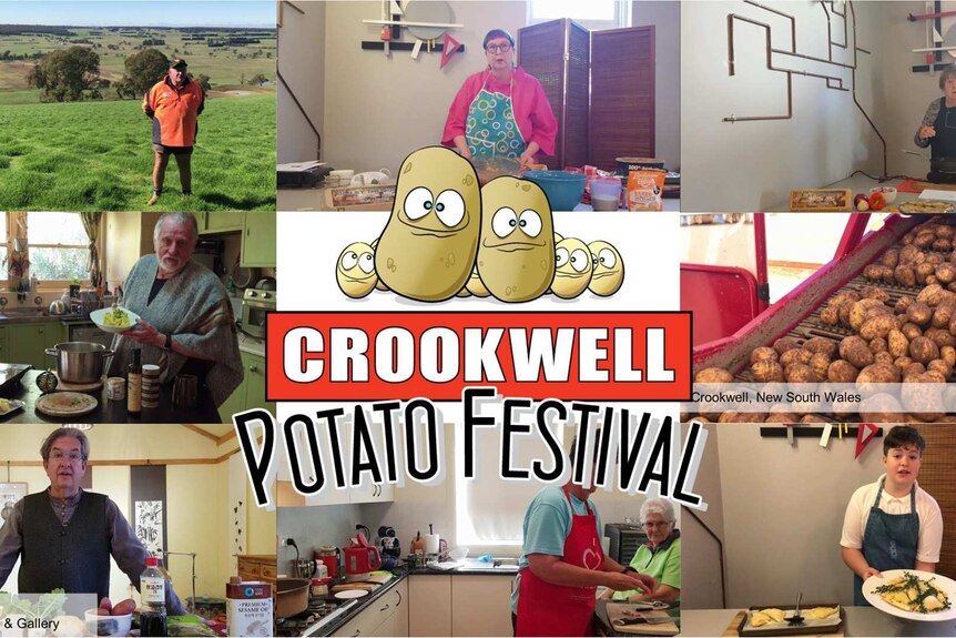 The Crookwell Potato festival logo surround by images from online videos