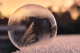 A frozen bubble, with icicle underneath it. 