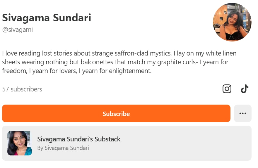 A substack profile featuring two photos of the same woman and an orange subscribe button.