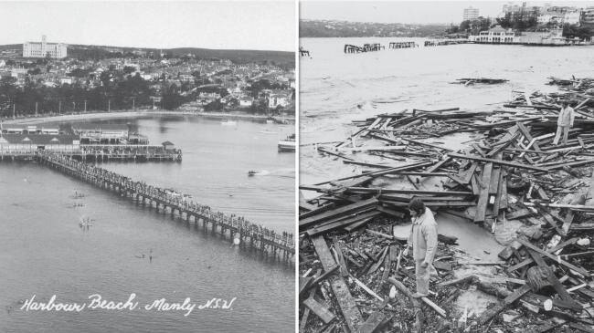 The Manly boardwalk before and after it was destroyed by a storm in May 1974.