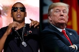 A composite image shows Jay-Z performing on stage and Donald Trump with his arms crossed.
