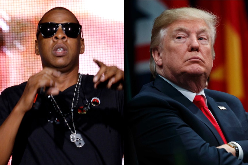 A composite image shows Jay-Z performing on stage and Donald Trump with his arms crossed.