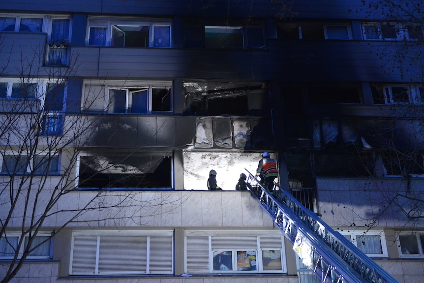 Firemen work at an apartment block in France where a fire broke out, killing at least five of its residents.