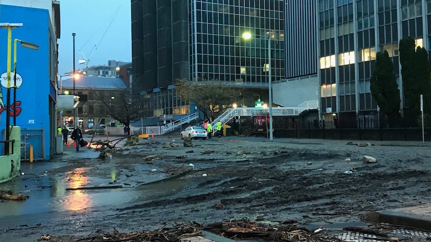 Debris and mud in a Hobart street