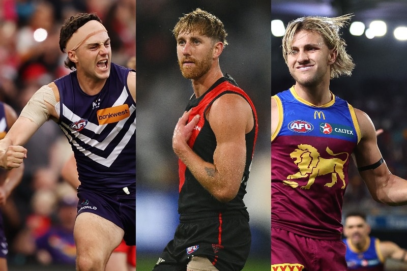 A split image of three AFL players a Dockers player celebrating, an Essendon player looking serious and a Lions player smiling.