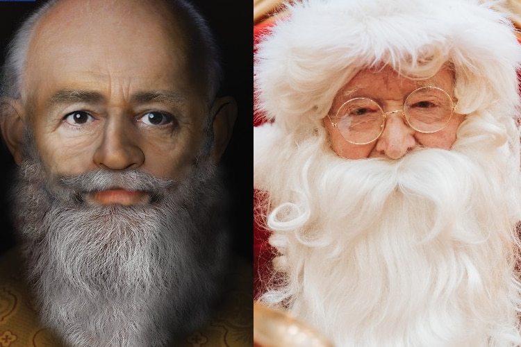 A composite of a reconstruction of St Nicholas's face next to a photo of an elderly man dressed as Santa Claus.