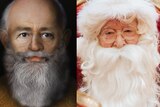 A composite of a reconstruction of St Nicholas's face next to a photo of an elderly man dressed as Santa Claus.