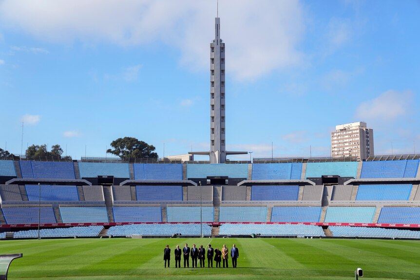 A wide-angle view of the Centenario Stadium tower