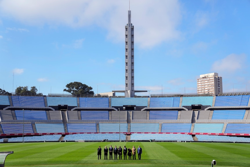 A wide-angle view of the Centenario Stadium tower