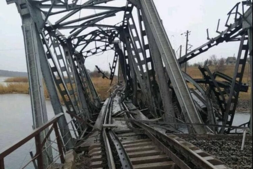 A photo from social media showing a destroyed train track in Ukraine.