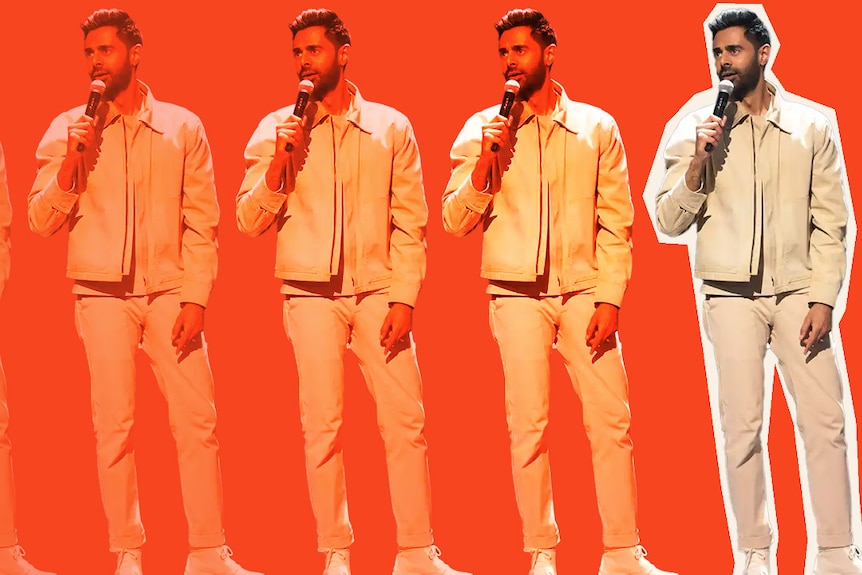 Hasan Minhaj on an orange background, slowly fading into (or out of?) relevance. 