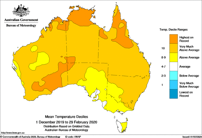 orange map of Aus showing most had above average temps