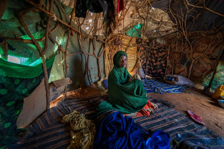 a woman in green clothes sits in a shelter made of sticks and cloth