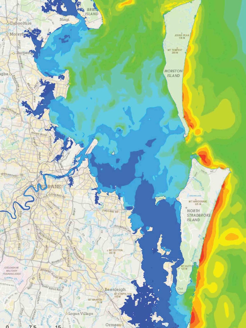 Map of Moreton Bay showing one-in-3,000 year tsunami