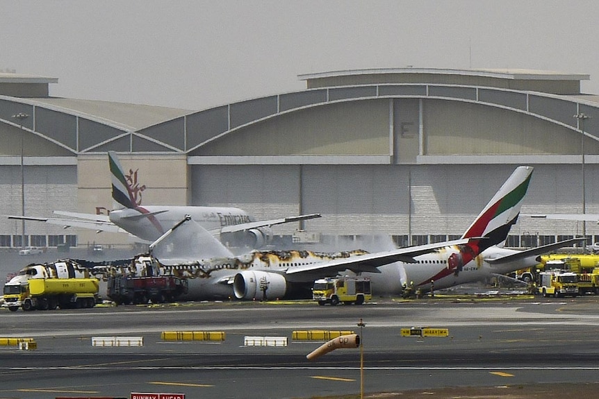 Emirates plane after it crash-landed and caught fire