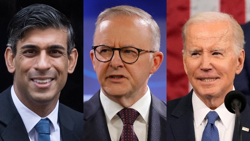 Rishi Sunak (left), Anthony Albanese (centre), Joe Biden (right)