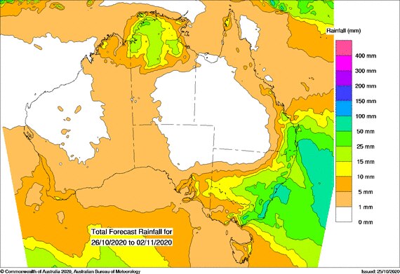 A map of Australia with green and yellow patches along the east coast and over the northern NT.