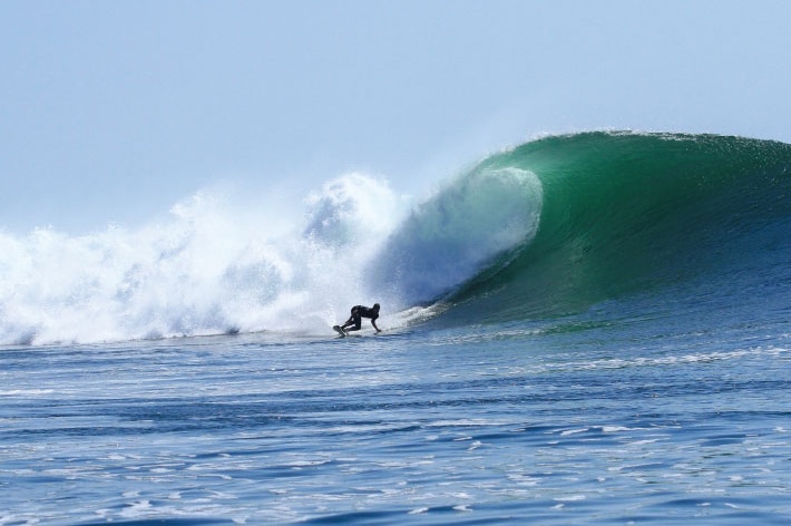 Surfer Nat Hozier in action in Indonesia, riding a board with Quobba fins.