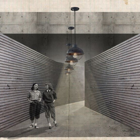 You view a CAD rendering of two women walking through an underground bunker tunnel.