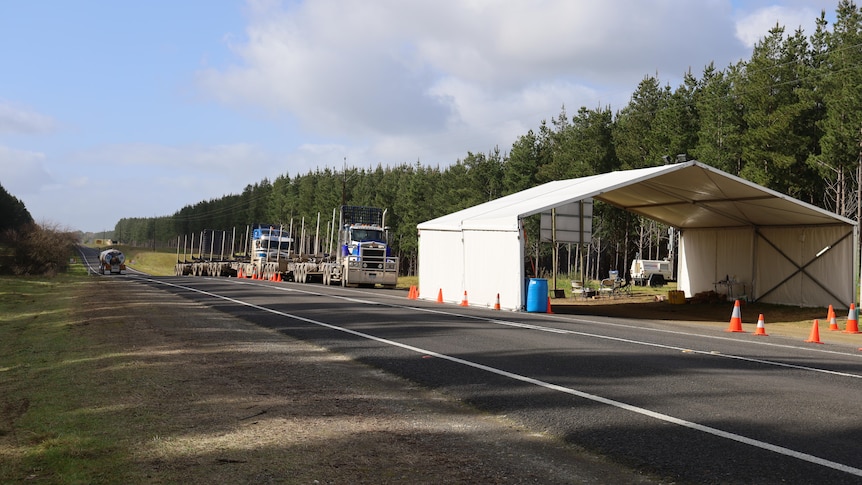 Two empty logging trucks pulling up to a white marquee with traffic cones around