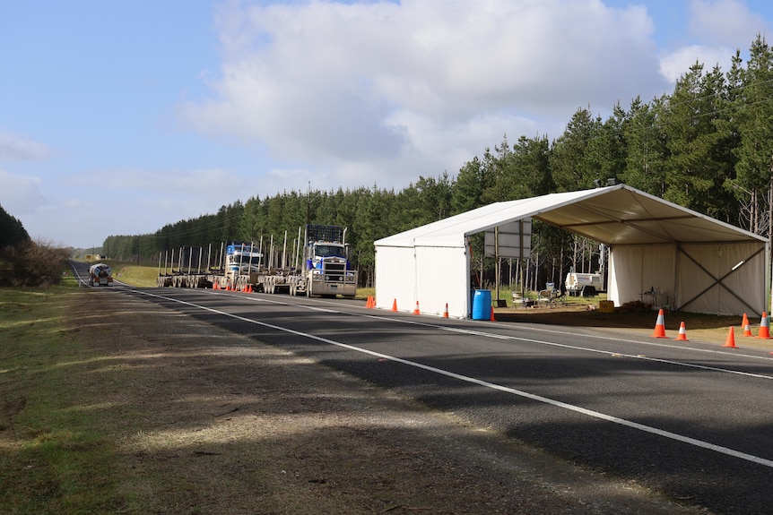 Two empty logging trucks pulling up to a white marquee with traffic cones around