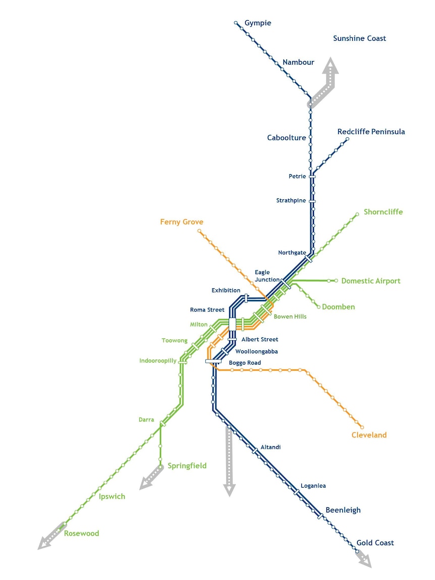 Un mapa de las líneas de tren de Queensland
