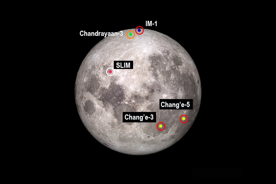 Image of the Moon with landing sites from missions since 2013