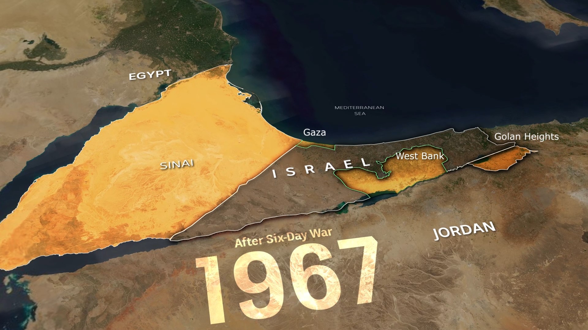  a section in yellow called sinai and then the west bank marked in yellow too. A map of Israel after the 6 day war in 1967