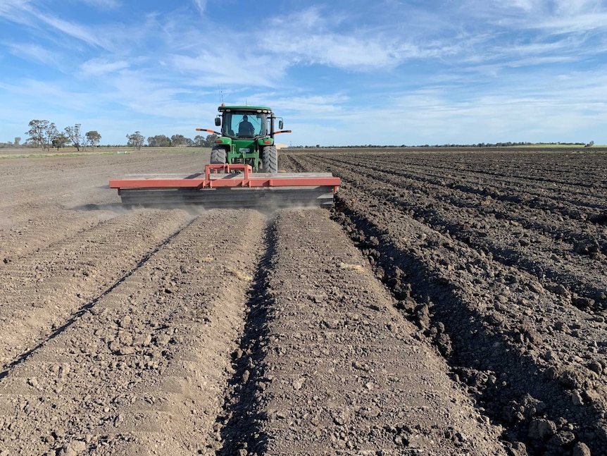 A tractor in a dirt paddock smoothing out the dirt to form a cropping bed and bay.