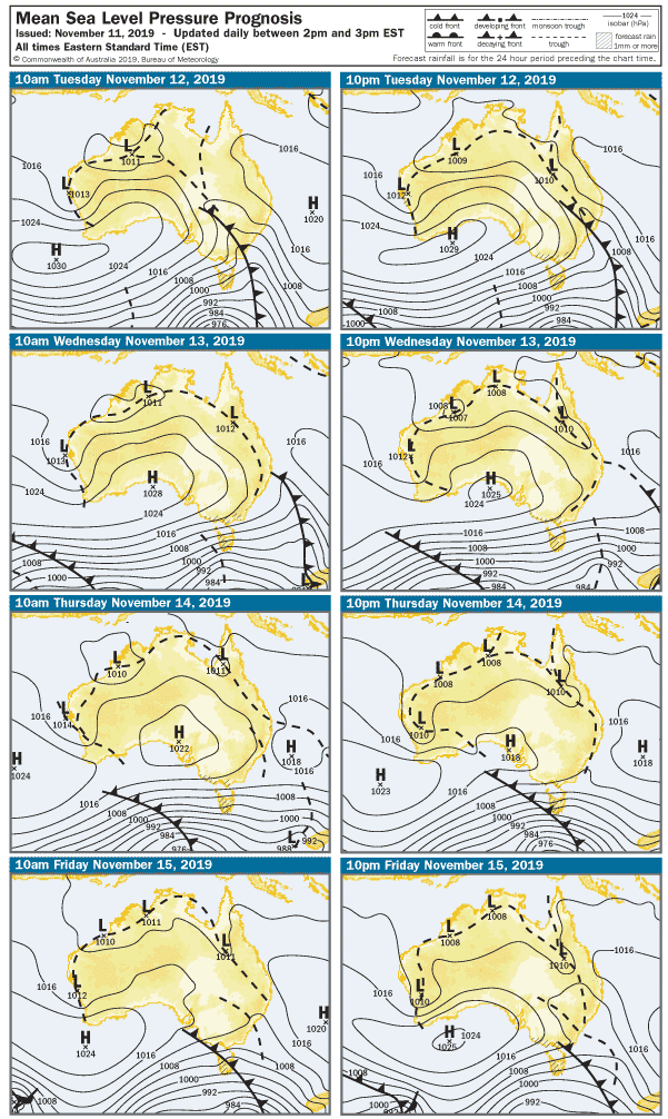 series of synoptic charts showing cold front moving across NSW.
