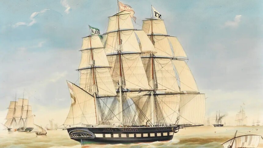A painting of an old wooden sailing ship