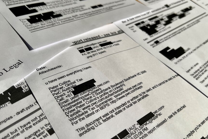 Printed black and white copies of emails from Peter Collins with black blocks redacting some text.